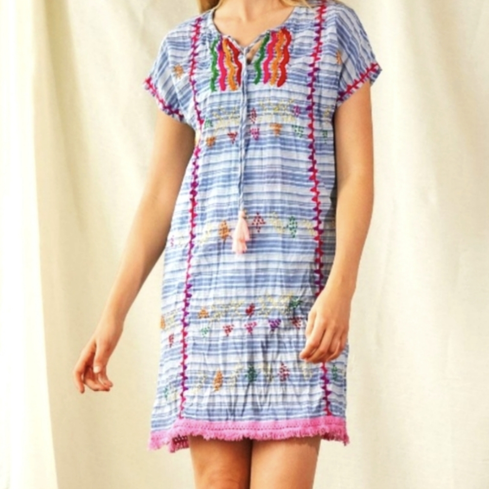 Ruby Yaya Embroidered Fringe Caftan Tunic Dress